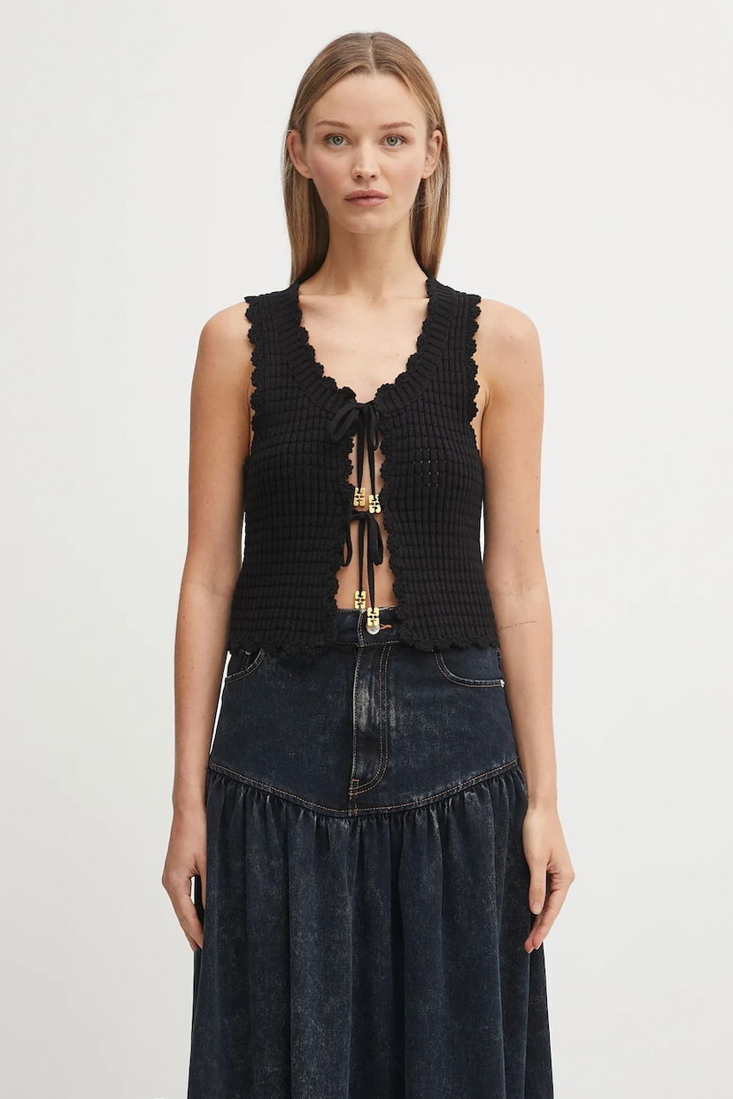 Vesta GANNI GANNI Cotton Textured Lace Tie-Front Vest Čierna | K2541