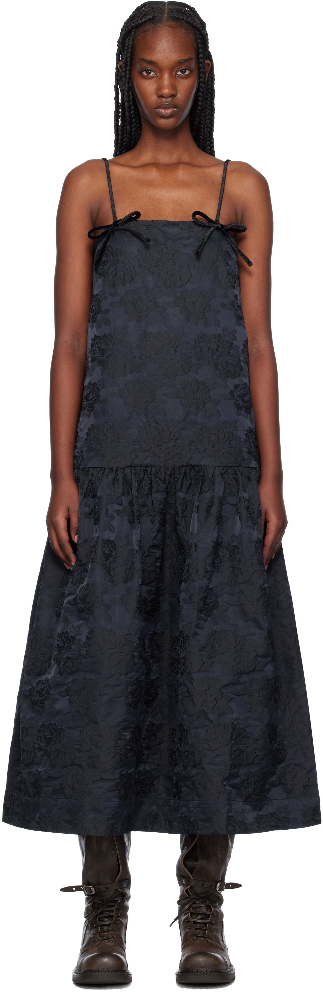 Šaty GANNI Botanical Jacquard Strap Midi Dress Čierna | F9705, 0