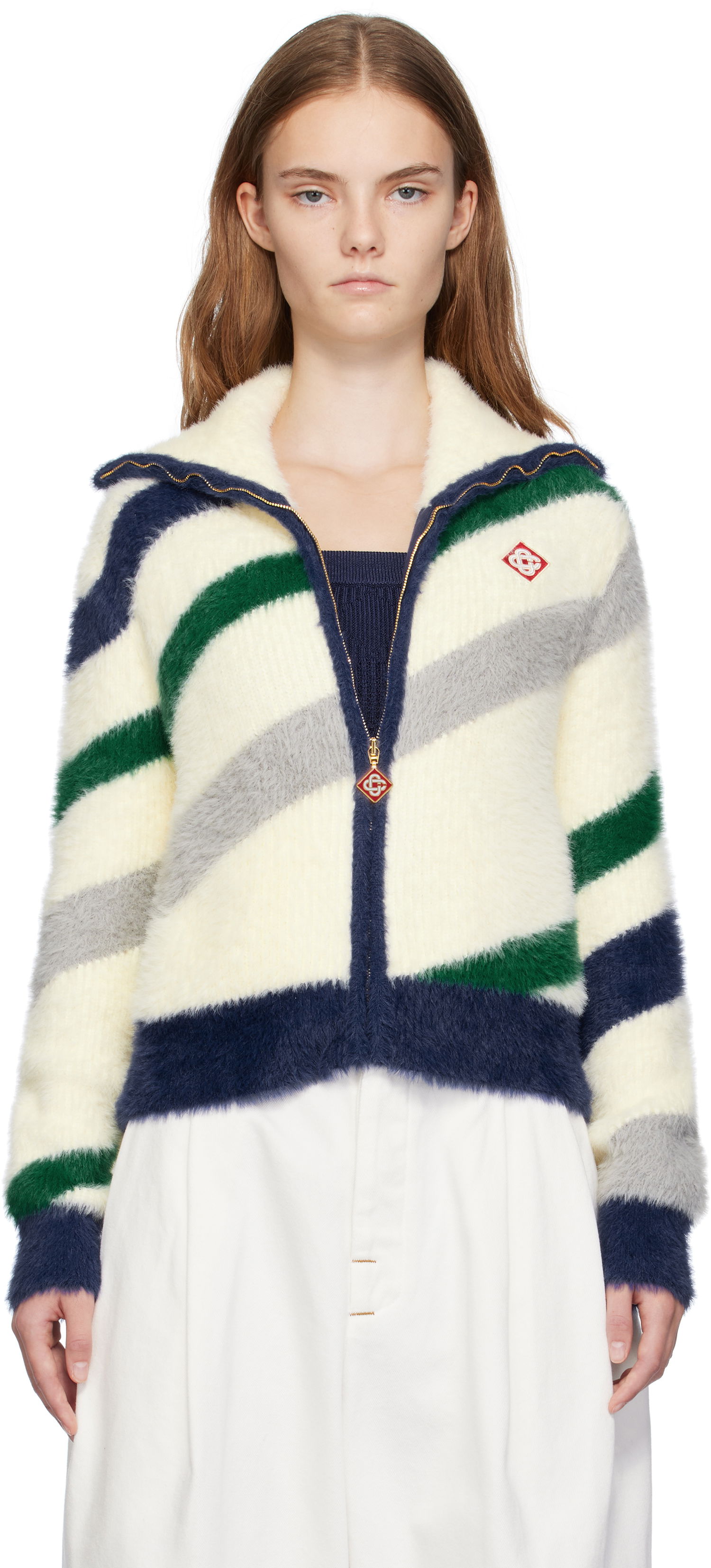Bunda Casablanca Striped Fluffy Zip Up Jacket Biela | WF24-KW-811-01, 0