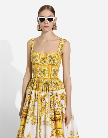 Šaty Dolce & Gabbana Majolica Print Cotton Poplin Midi Corset Dress Žltá | F6ADLTHH5A0HG3TN, 3