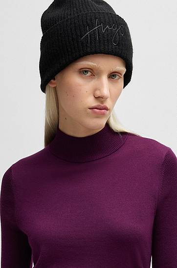 Kulicha BOSS Hugo Ribbed Beanie with Handwritten Logo Čierna | 50524104, 1