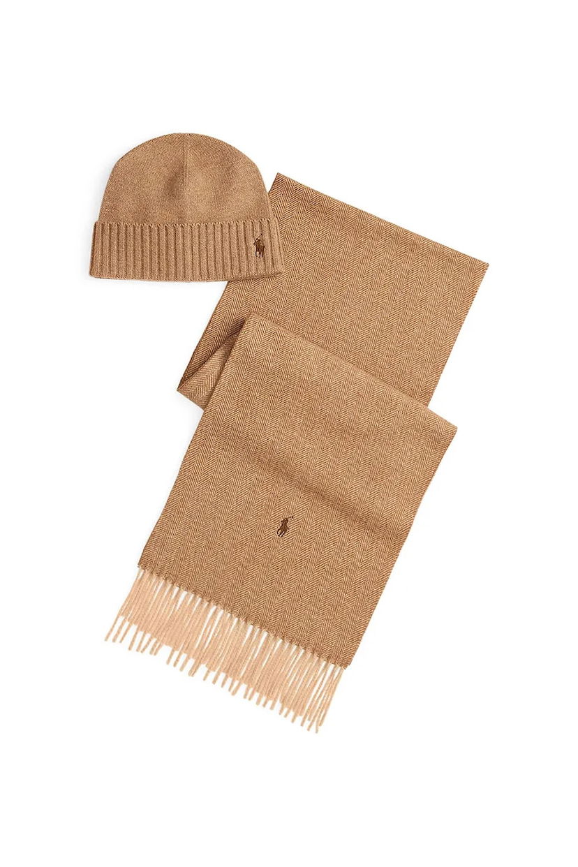 Šál Polo by Ralph Lauren Polo Ralph Lauren Knitted Beanie and Herringbone Scarf with Fringed Edges Béžová | 449959529