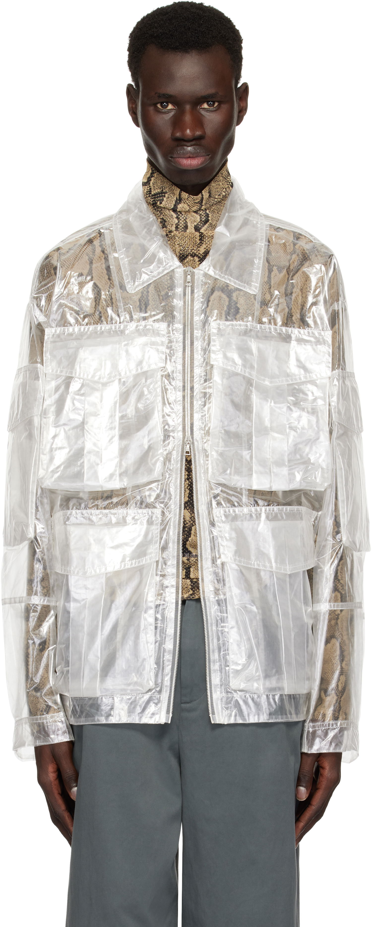 Kabáty Dries Van Noten Dries Van Noten Transparent Nylon Patch Pocket Jacket Biela | 251-020529-1257, 0