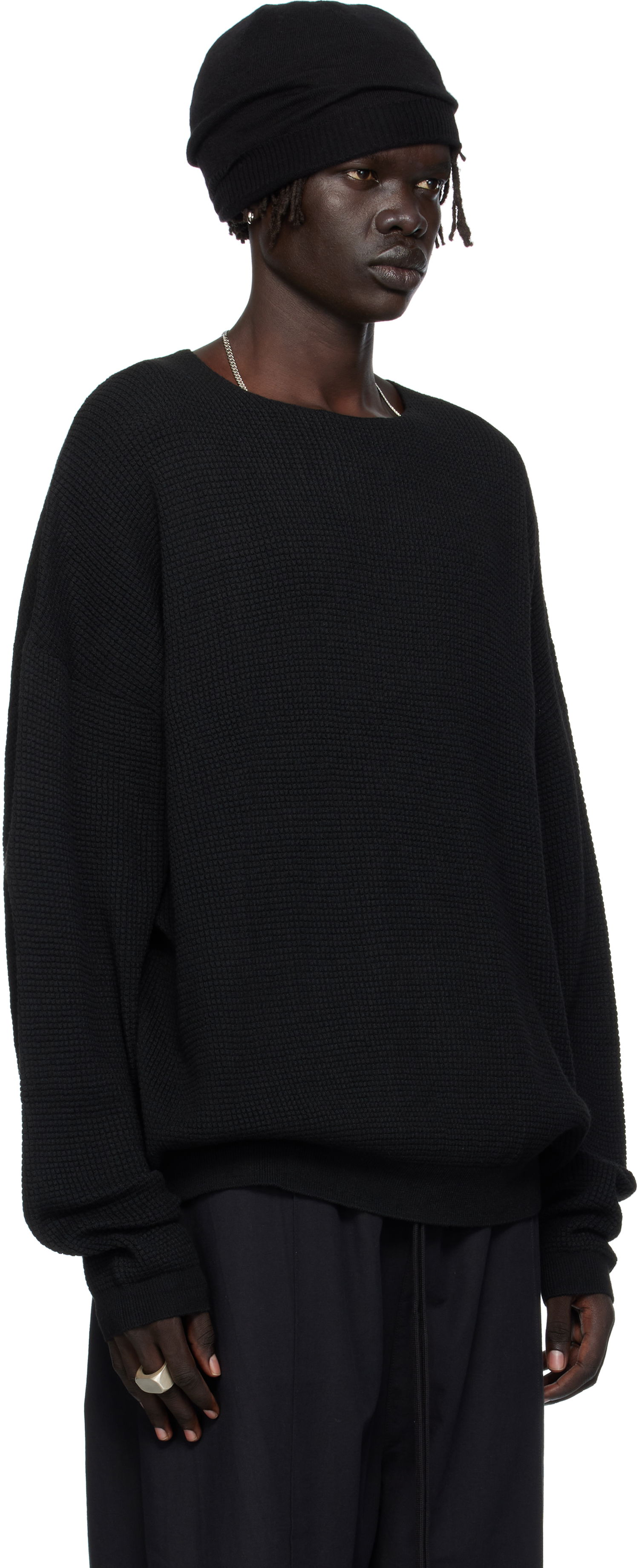 Sveter Fear of God Fear of God ESSENTIALS Waffle Knit Long Sleeve Crewneck Sweatshirt Čierna | 192SP256160F, 1