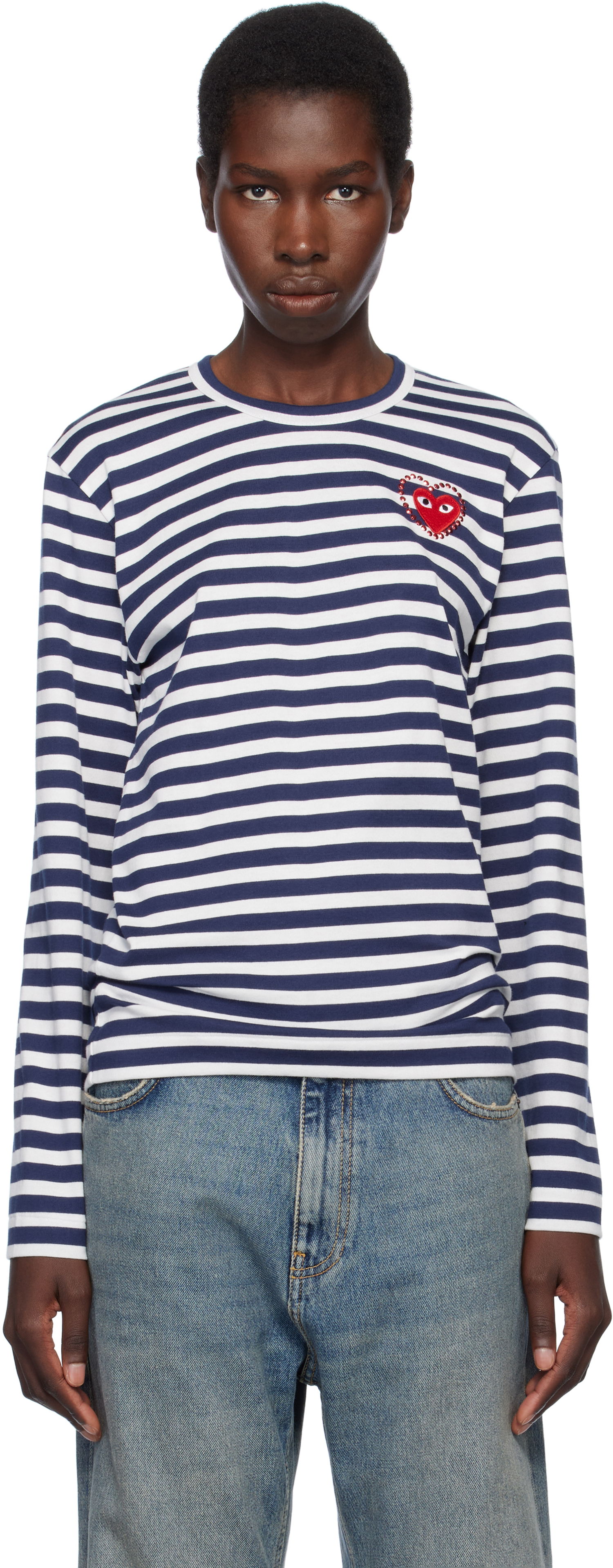 Sveter Comme des Garçons COMME des GARÇONS PLAY Striped Long Sleeve T-Shirt with Red Heart Emblem Navy | AX-T806-051, 0