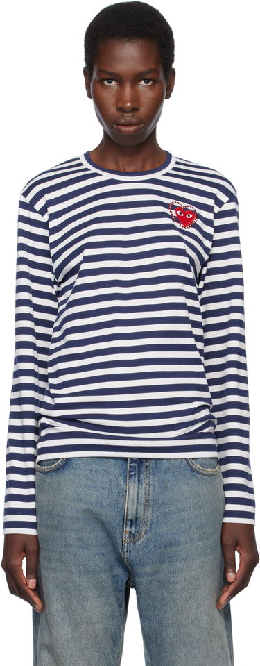 Sveter Comme des Garçons COMME des GARÇONS PLAY Striped Long Sleeve T-Shirt with Red Heart Emblem Navy | AX-T806-051, 0