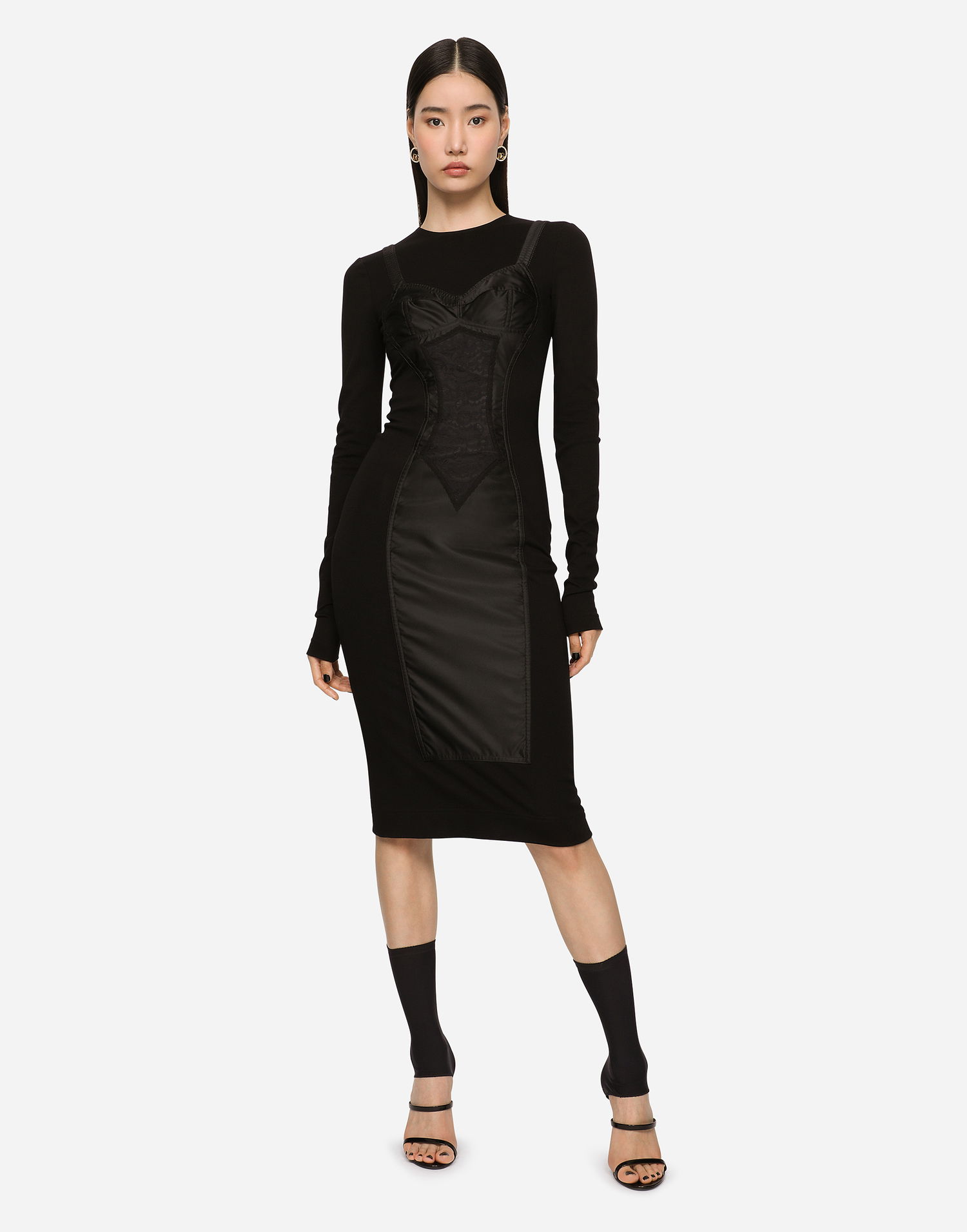 Šaty Dolce & Gabbana Dolce & Gabbana Long Sleeve Bustier Lace Panel Midi Dress Viscose Čierna | F6ARFTFUGKFN0000, 1