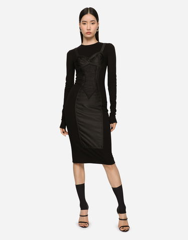 Šaty Dolce & Gabbana Dolce & Gabbana Long Sleeve Bustier Lace Panel Midi Dress Viscose Čierna | F6ARFTFUGKFN0000, 1