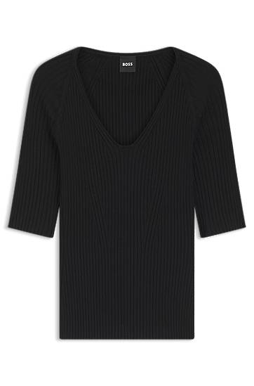 Tričko BOSS Structured Ribbed V-neck Elbow-Sleeve Top Čierna | 50542881, 0
