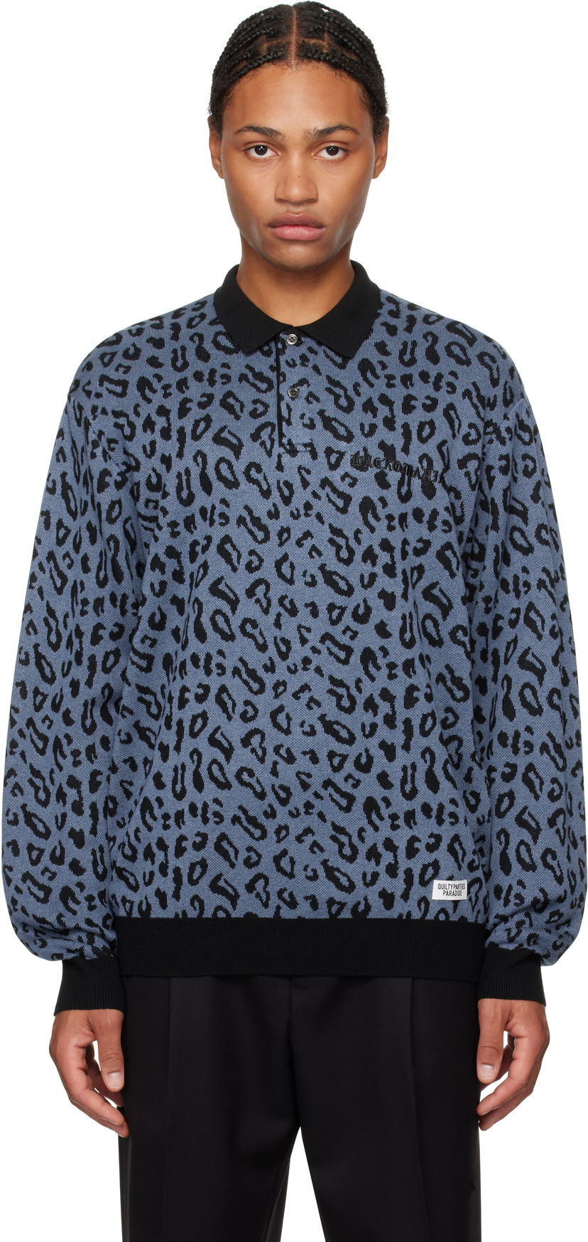 Polo tričko WACKO MARIA Leopard Knit Polo Modrá | 24FW-WMK-KN13