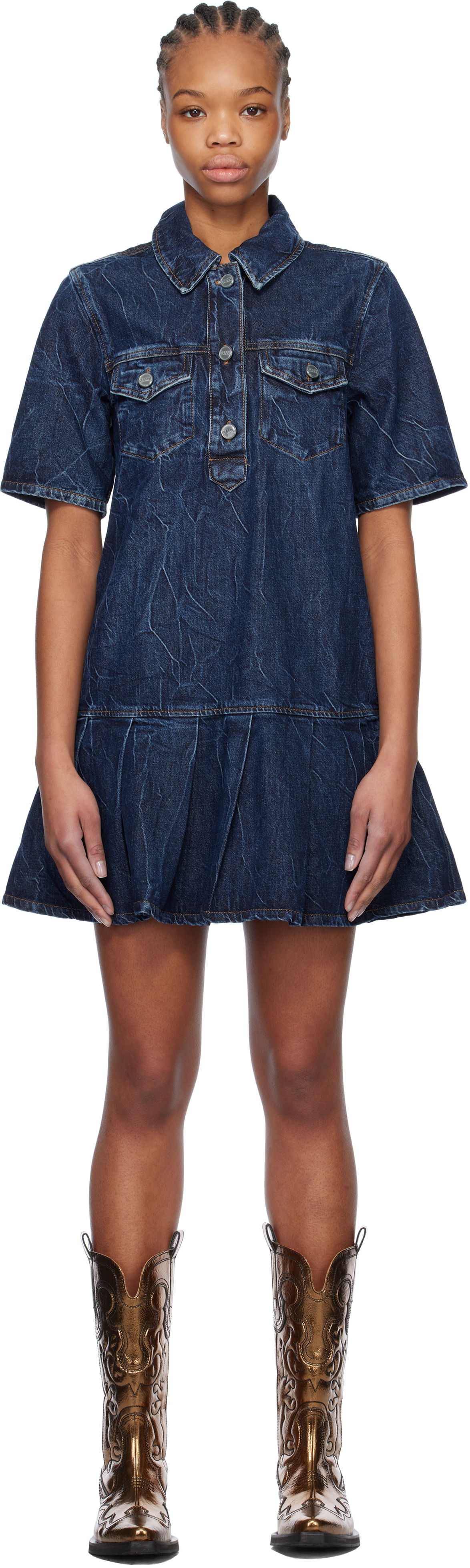 Šaty GANNI Ganni Crinkled Future Denim Mini Dress Modrá | J1594, 0