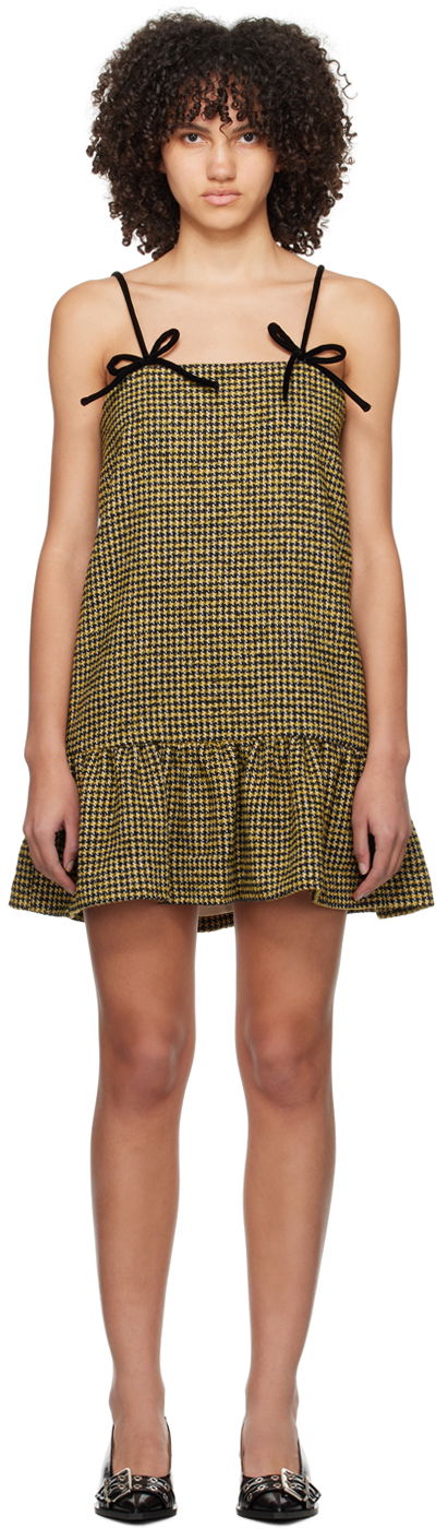 Šaty GANNI GANNI Checkered Mini Dress with Velvet Bow Straps Žltá | F8602, 0