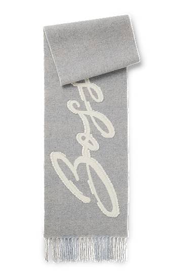 Šál BOSS Wool-blend Scarf with Script Logo and Fringes Šedá | 50558654
