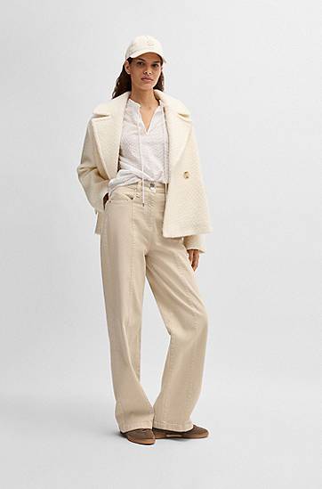 Nohavice BOSS Wide-Leg Cotton-Blend Trousers with Stitching Béžová | 50531036, 1