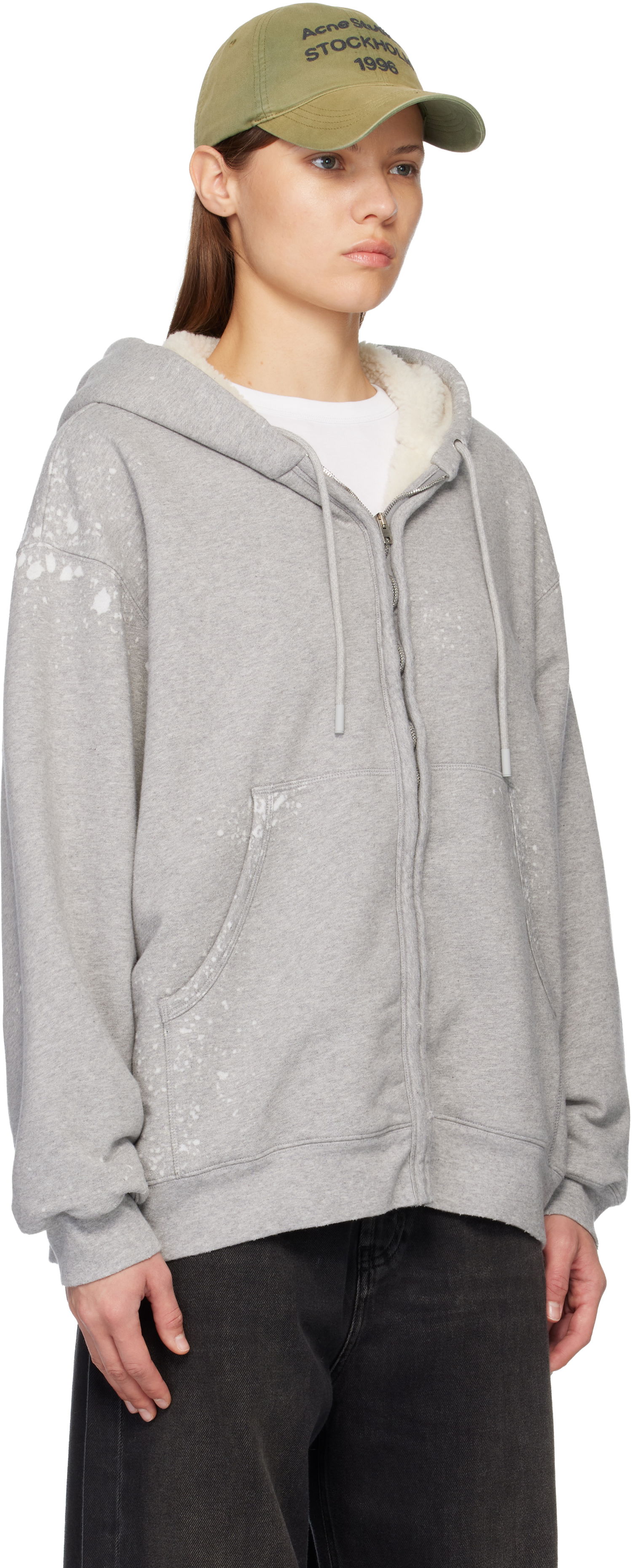 Mikina Acne Studios Distressed Full-Zip Sherpa Lined Hoodie with Kangaroo Pockets Šedá | AI0178-, 1