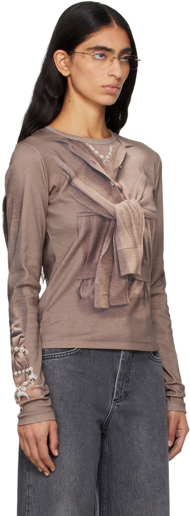 Tričko Marine Serre Trompe-L'Oeil Cardigan Print Knit Jersey Long Sleeve T-Shirt Béžová | WTT032ACJER0091, 1