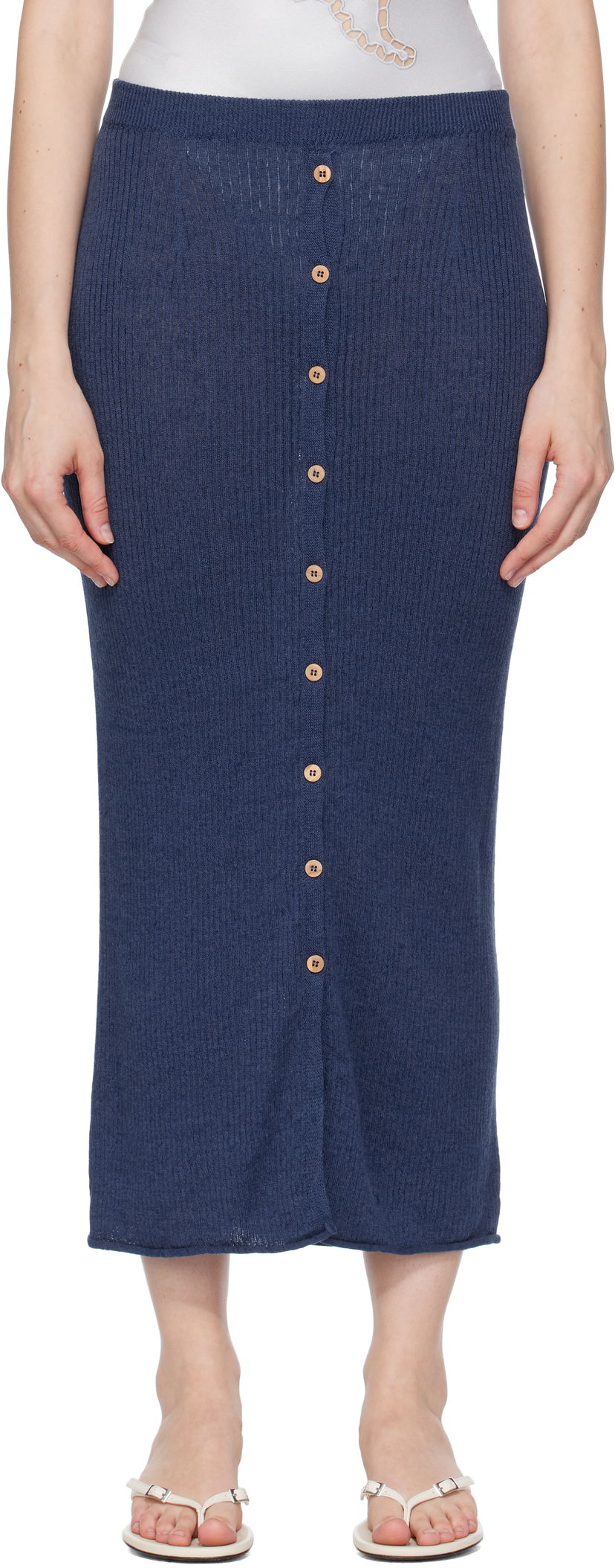 Sukňa Baserange Baserange Ribbed Knit Midi Skirt with Button Closure Navy | SKDR-LI-SU25