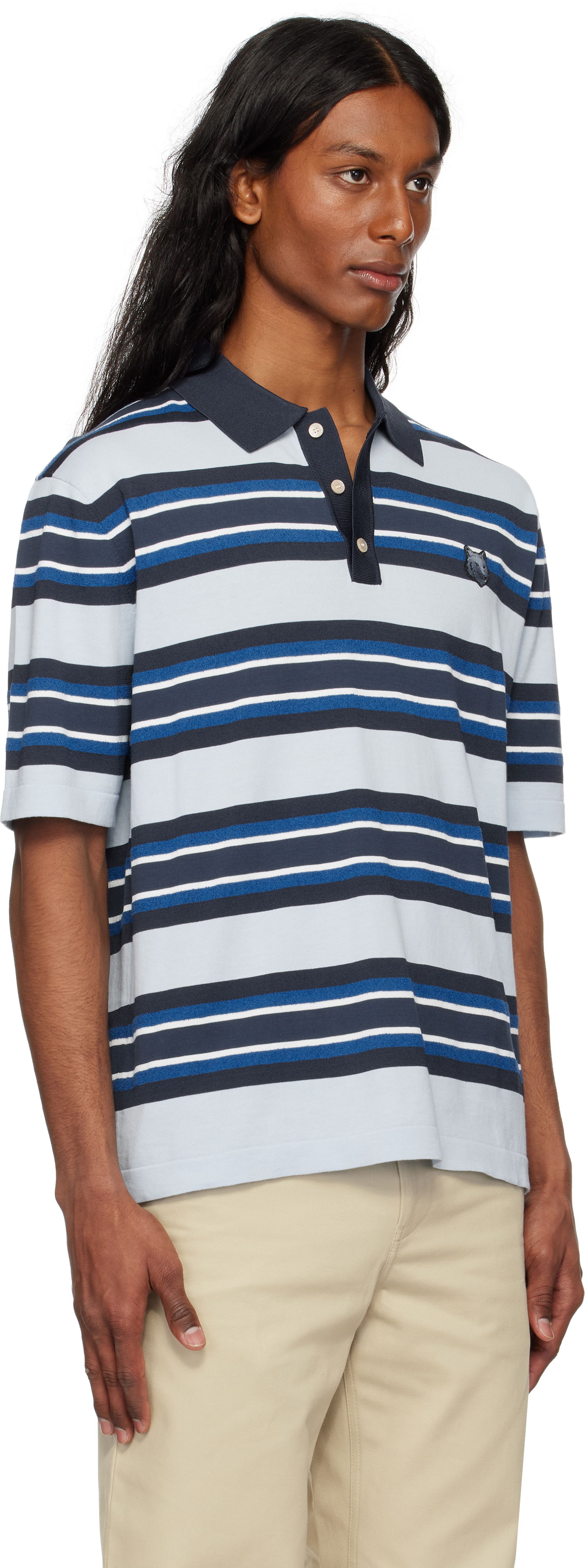 Polo tričko MAISON KITSUNÉ Maison Kitsuné Fine Gauge Striped Polo with Fox Head Patch Modrá | OM00201KT1119, 1
