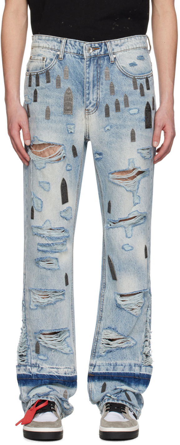 Amplified Gnarly Flared Jeans with Tombstone Appliqués