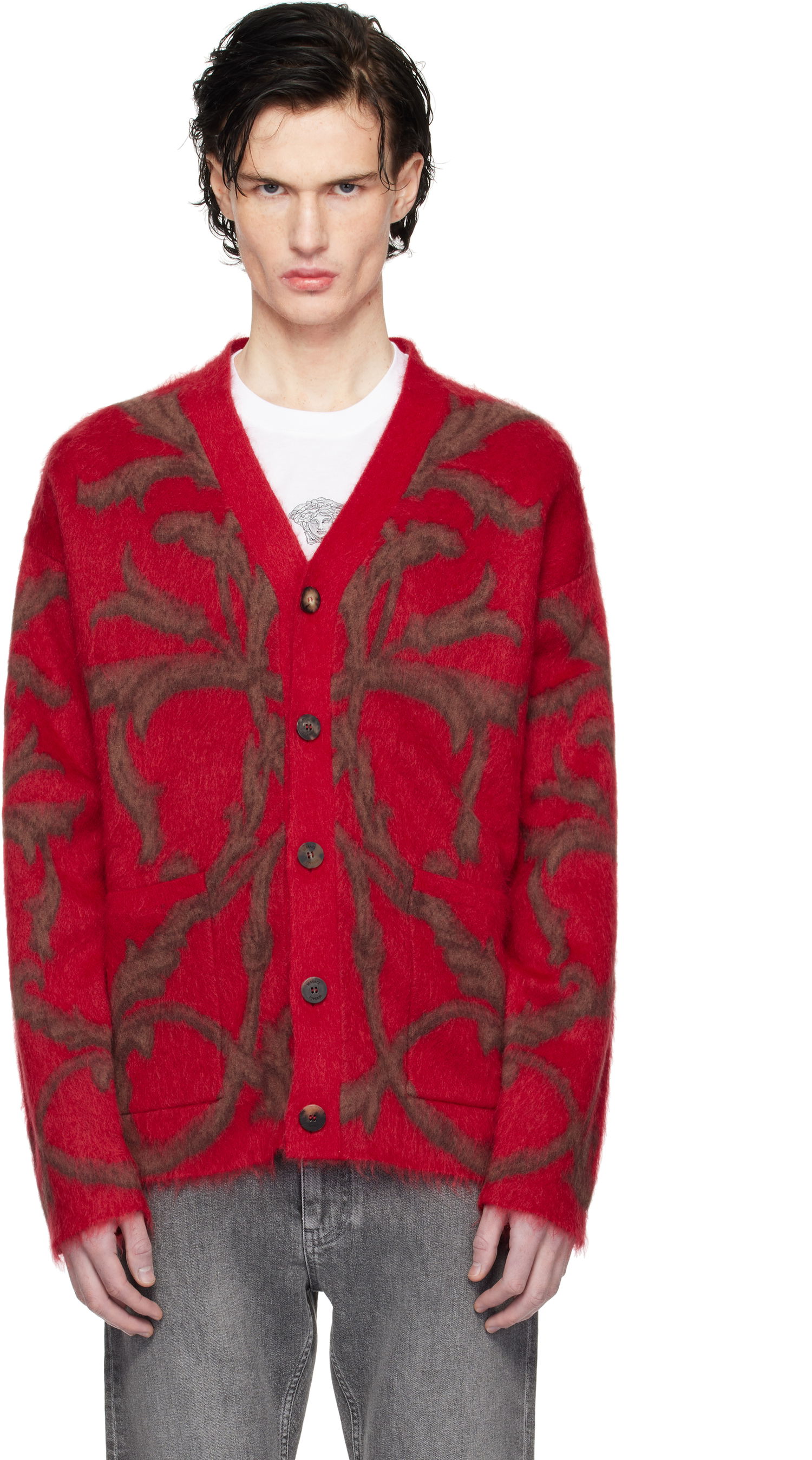 Sveter Versace Mohair-Blend Cardigan With Baroque Print Červená | 1017300_1A12243, 0