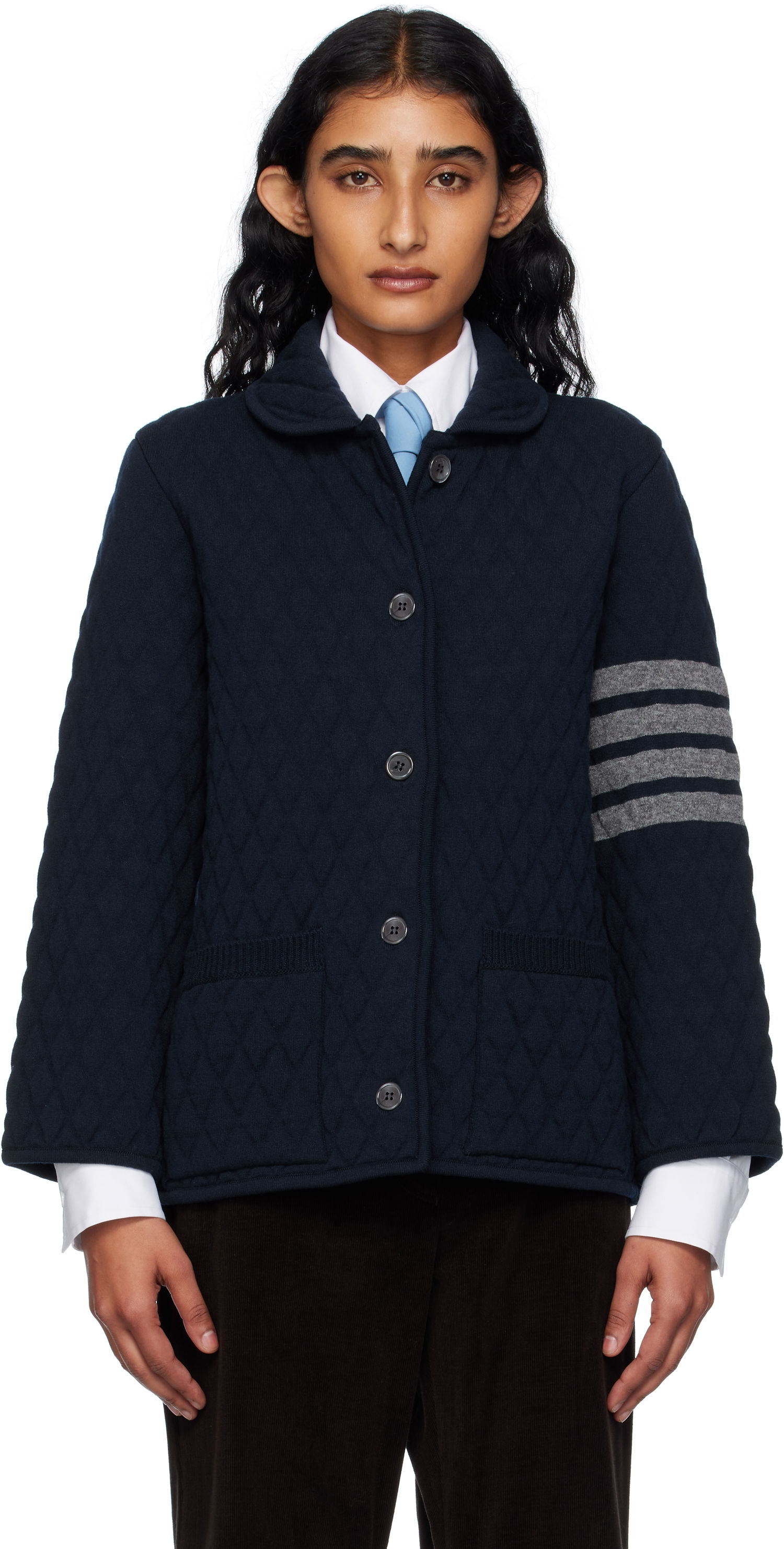 Bunda Thom Browne Thom Browne Quilted Knit Merino Wool 4-Bar Work Jacket Navy | FKJ117A-Y1029, 0