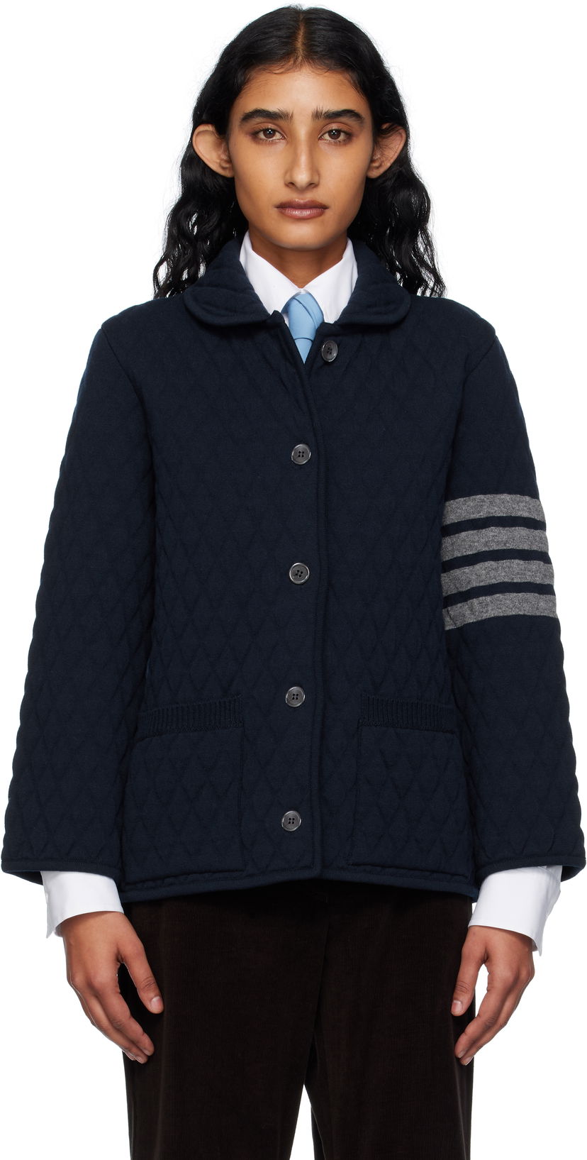 Bunda Thom Browne Thom Browne Quilted Knit Merino Wool 4-Bar Work Jacket Navy | FKJ117A-Y1029