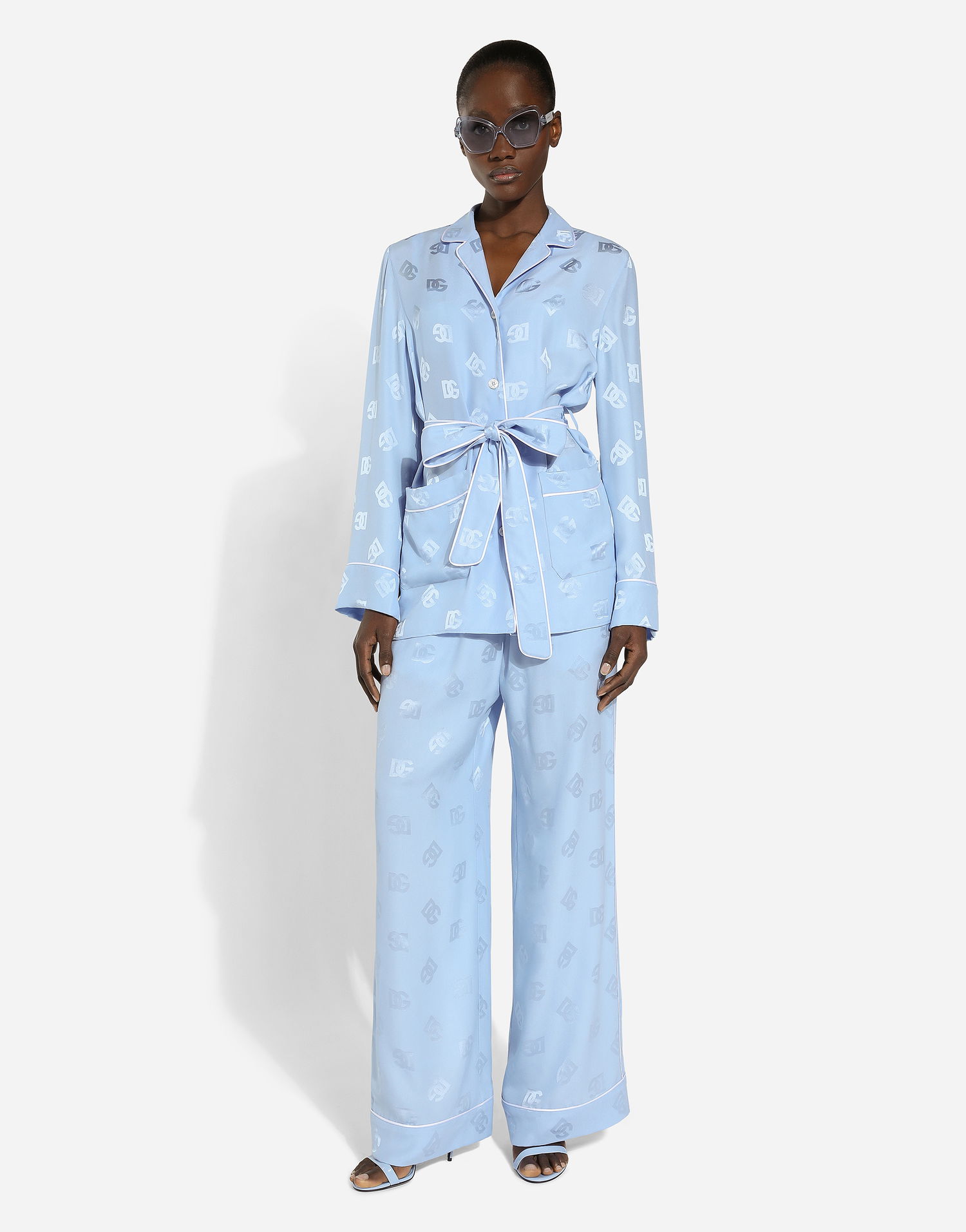 Pyžamo Dolce & Gabbana Silk Satin Jacquard Logo Pajama Pants Modrá | FTAMPTFJ1JOF3981, 1