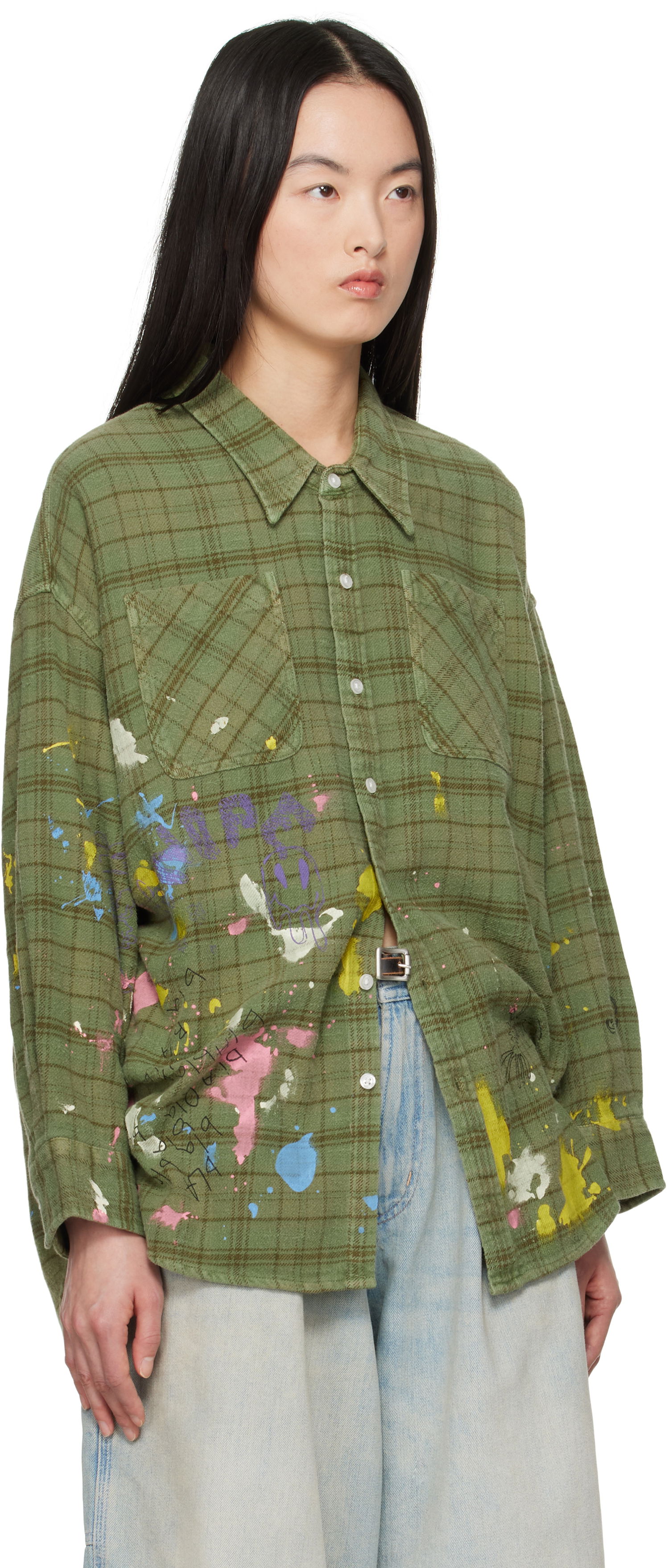 Košeľa R13 R13 Drop Neck Paint Splatter Plaid Work Shirt Zelené | R13WR015-R526B, 1