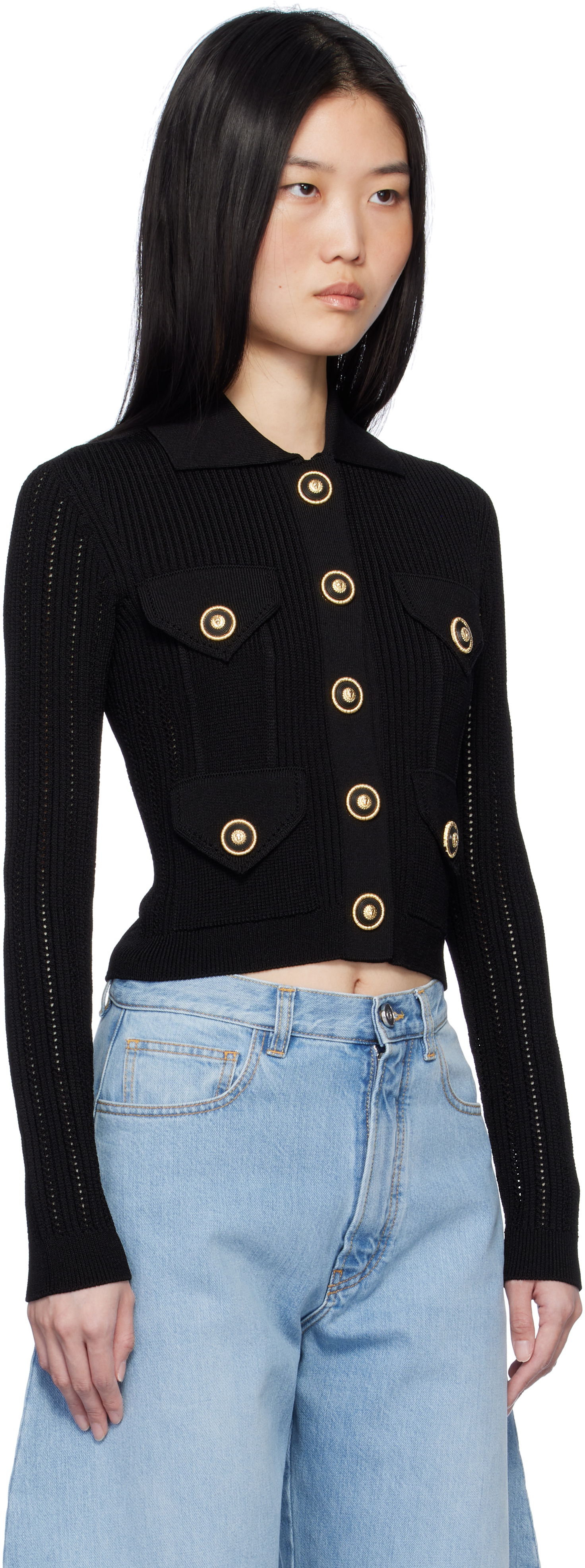 Sveter Balmain Cropped Ribbed Cardigan Čierna | EF1KL150KI10, 1