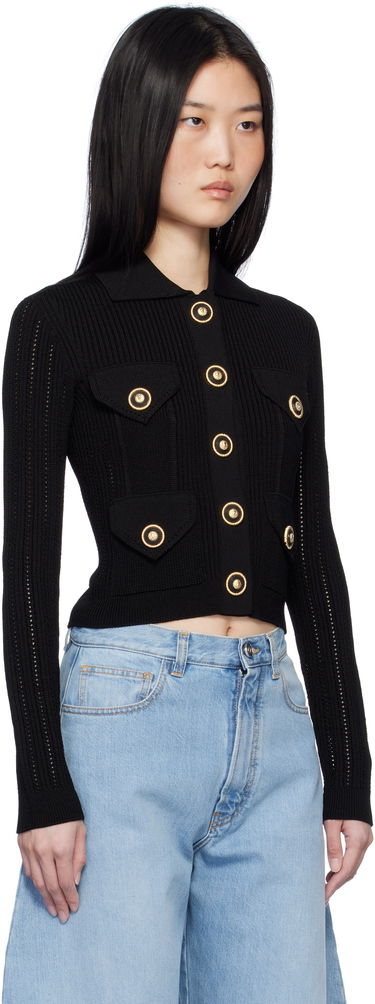 Sveter Balmain Cropped Ribbed Cardigan Čierna | EF1KL150KI10, 1