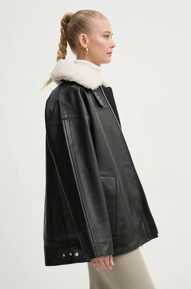 Bunda STAND STUDIO Stand Studio Emelia Oversized Faux Leather Jacket with Faux Shearling Collar Čierna | 62271.7540, 3
