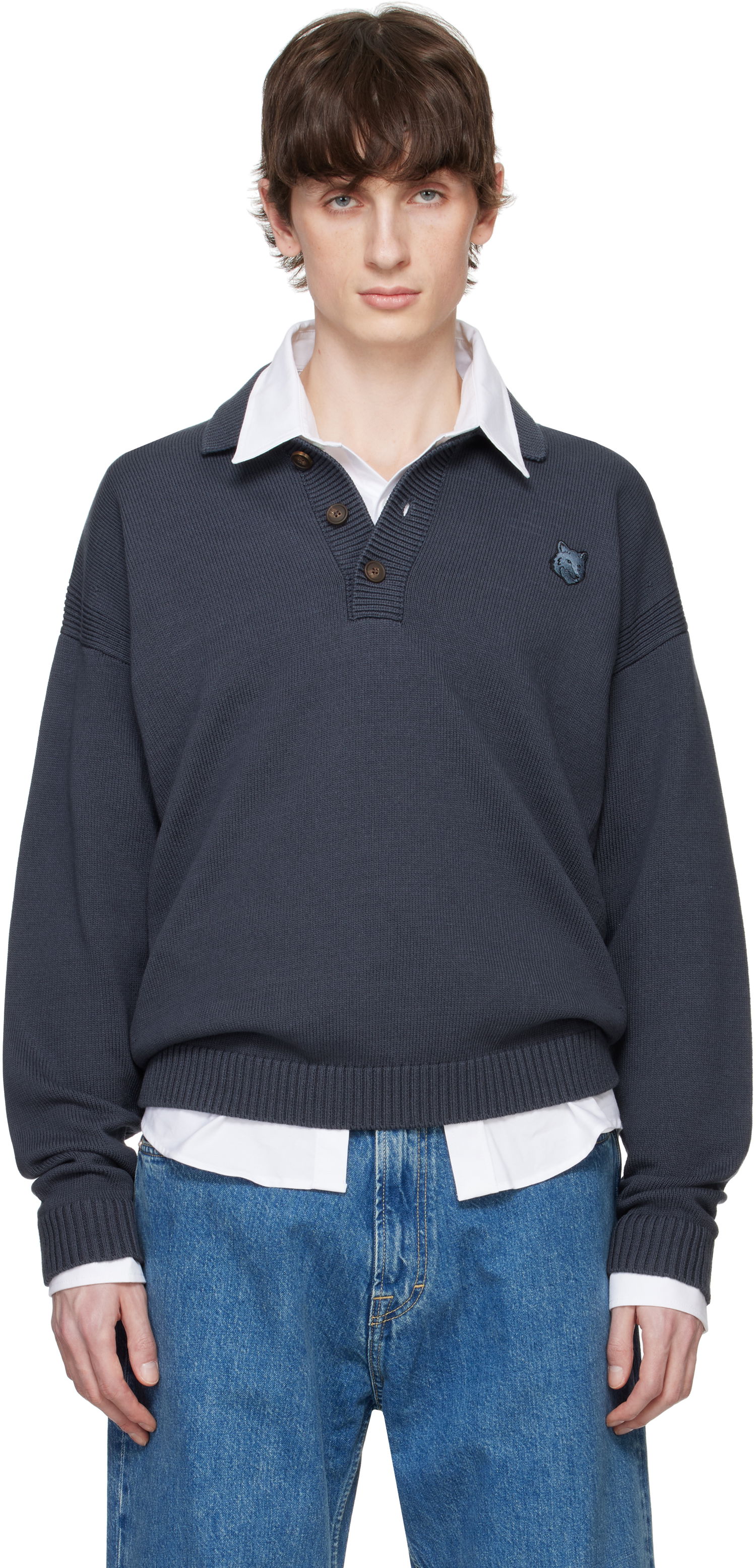 Sveter MAISON KITSUNÉ Maison Kitsuné Fox Head Patch Comfort Polo Šedá | OM00202KT1099, 0