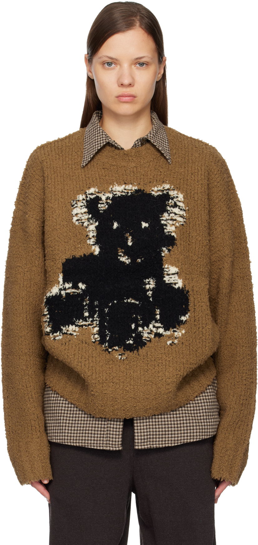 Sveter Acne Studios Bouclé Crewneck Sweater Teddy Bear Graphic Hnedá | A60601-