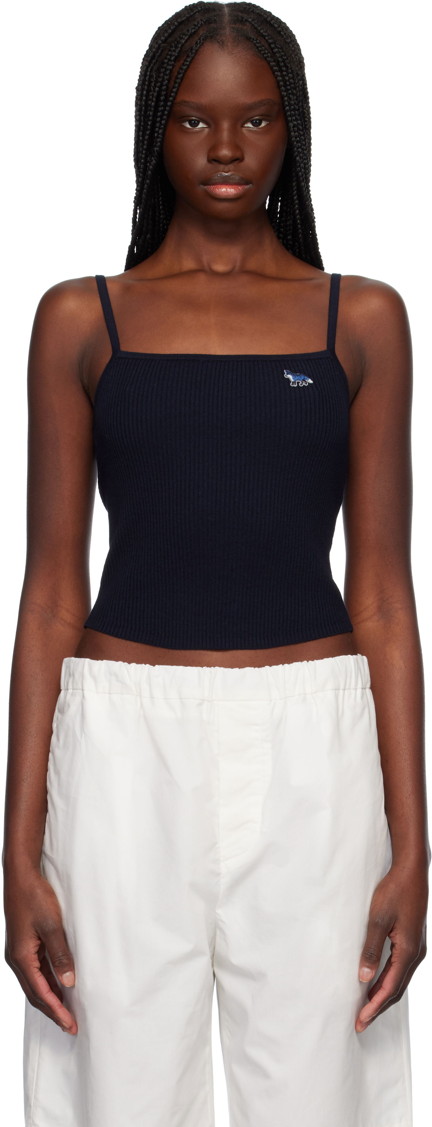 Tielko MAISON KITSUNÉ Maison Kitsuné Baby Fox Patch Fine Rib Cropped Camisole Navy | OW00601KT1091, 0