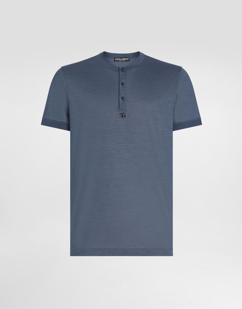 Tričko Dolce & Gabbana Dolce & Gabbana Silk Grandad-Neck T-Shirt with Embroidery Modrá | G8QK3ZG7PGOS8284