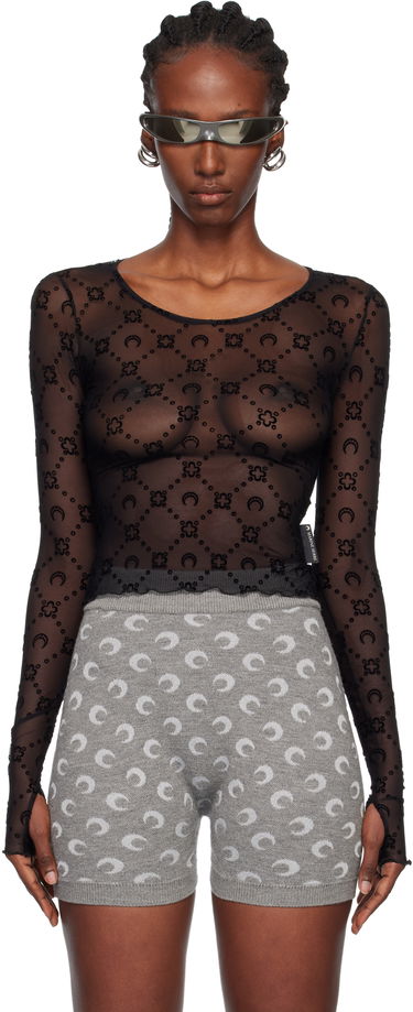 Crop Top Marine Serre Moonogram and Clover Mesh Flock Long Sleeve Cropped Top Čierna | WTS012A CJER0005, 0