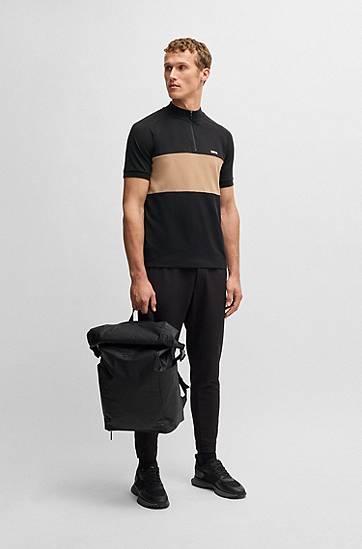 Polo tričko BOSS BOSS Active Cotton-Blend Polo Shirt with Colorblock Čierna | 50538102, 1
