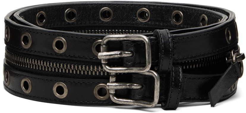 Opasok R13 Leather Eyelet Zipper Belt with Double Buckle Čierna | R13WA068-A001