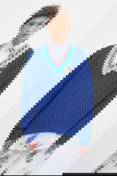 Sveter Sky High Farm Sky High Farm Cableknit V-Neck Sweater Modrá | SHF07N007, 0