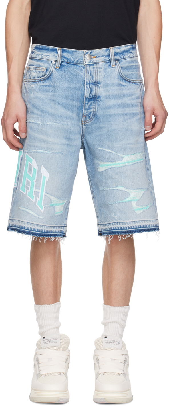 Blue Embroidered Varsity Logo Repair Denim Shorts