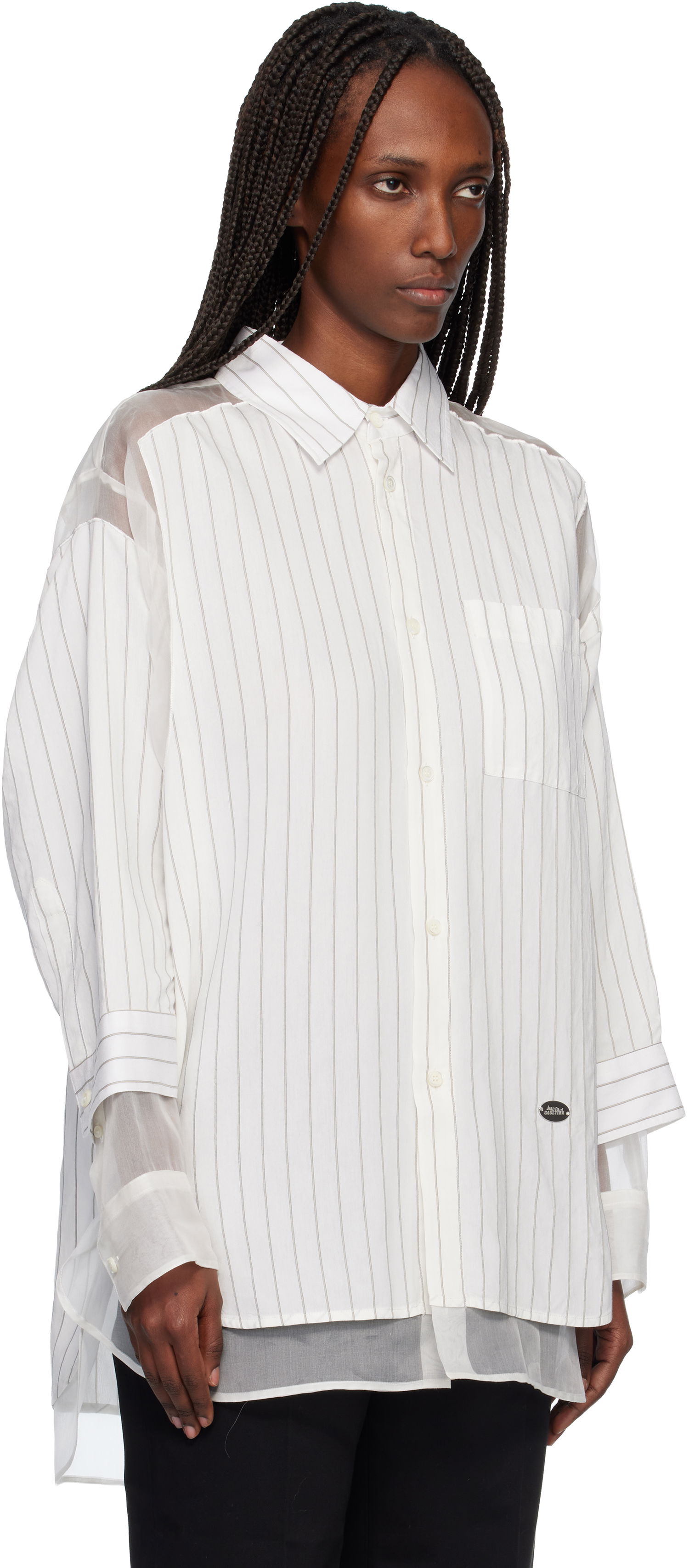 Košeľa Jean Paul Gaultier Pinstriped Long-Sleeve Button-Up Shirt with Sheer Panels Biela | 25/04-U-ST038-W038-0150, 1