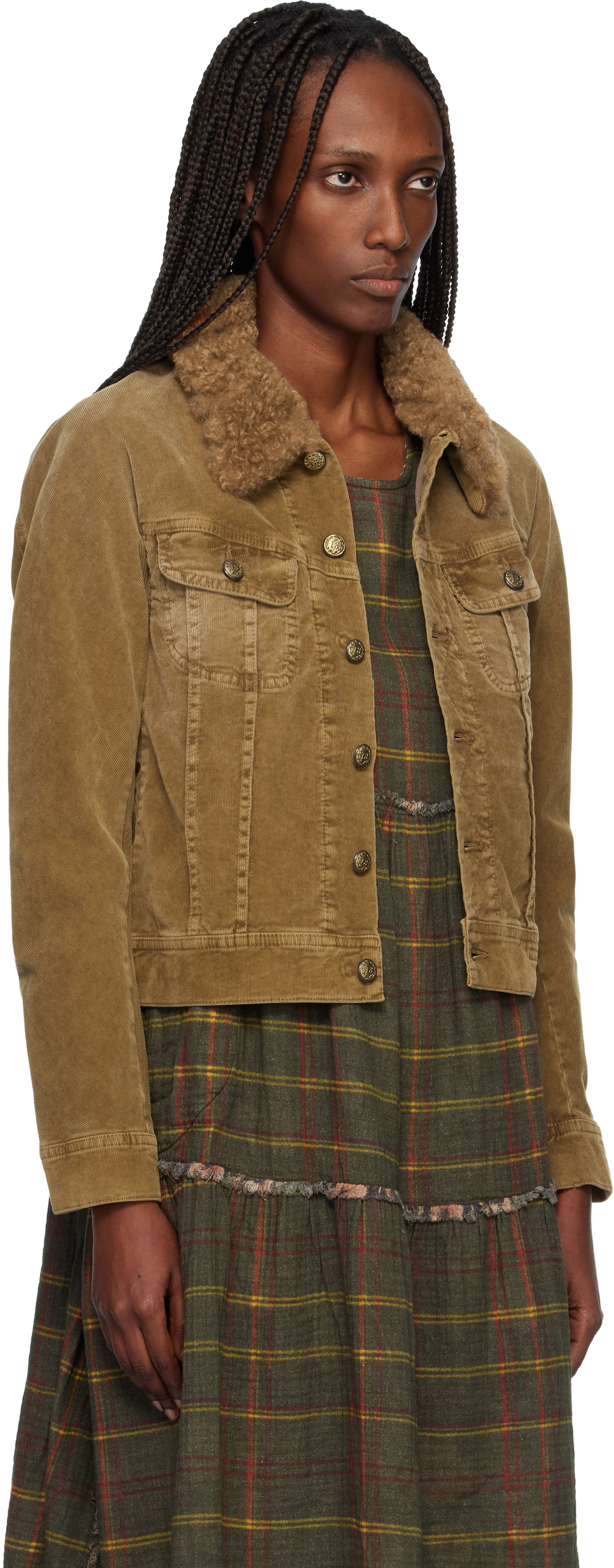 Bunda R13 Skinny Corduroy Trucker Jacket with Faux Fur Collar Hnedá | R13WD206-D363A, 1