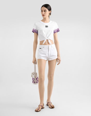Crop Top Dolce & Gabbana Dolce & Gabbana Majolica Print Tie-Front Cropped T-Shirt Biela | F8V54ZII7IGI03TN, 1