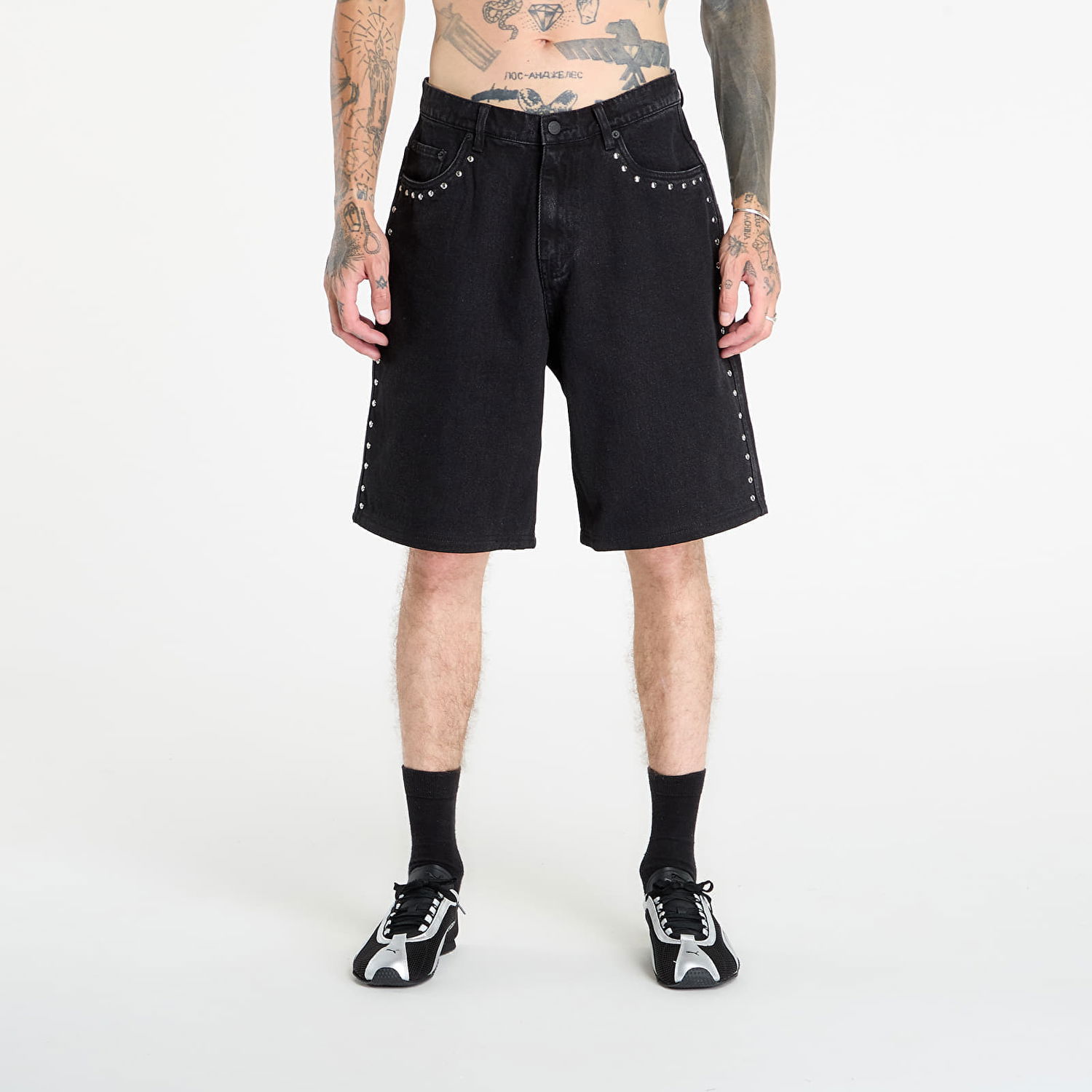 Šortky Pleasures PLEASURES Daft Club Lucky Studded Denim Shorts Čierna | P25DP005-BLACK, 0