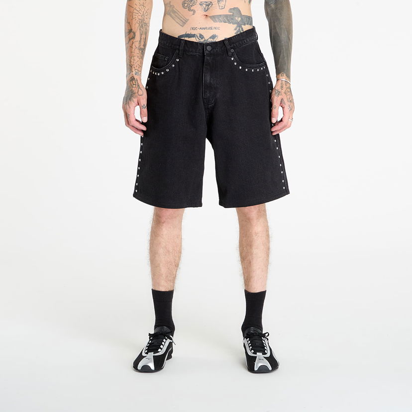 Šortky Pleasures PLEASURES Daft Club Lucky Studded Denim Shorts Čierna | P25DP005-BLACK