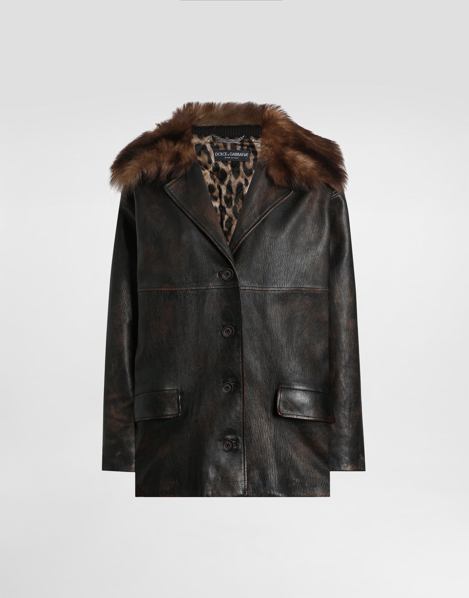 Bunda Dolce & Gabbana Dolce & Gabbana Leather Jacket with Fur Collar and Leopard Print Lining Hnedá | F9S72LHULXVM0022, 0