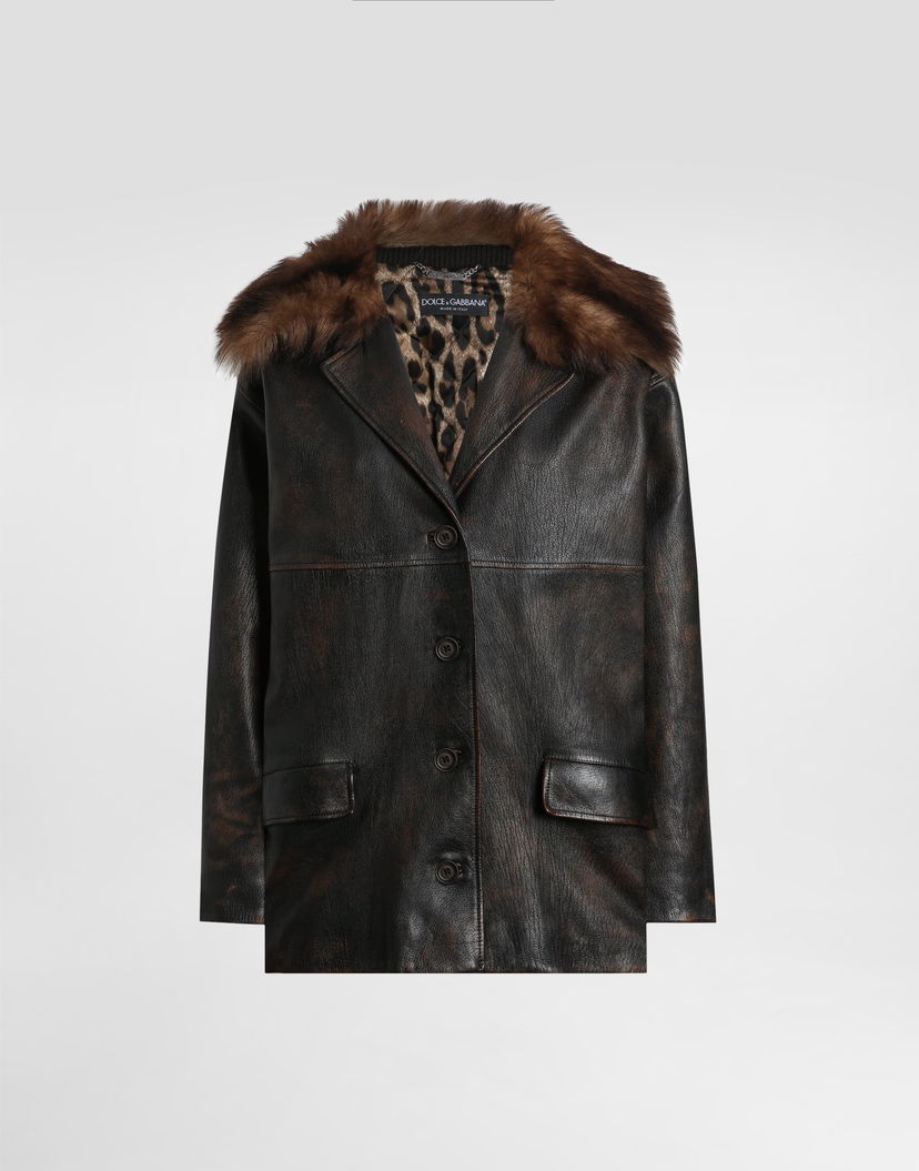 Bunda Dolce & Gabbana Dolce & Gabbana Leather Jacket with Fur Collar and Leopard Print Lining Hnedá | F9S72LHULXVM0022
