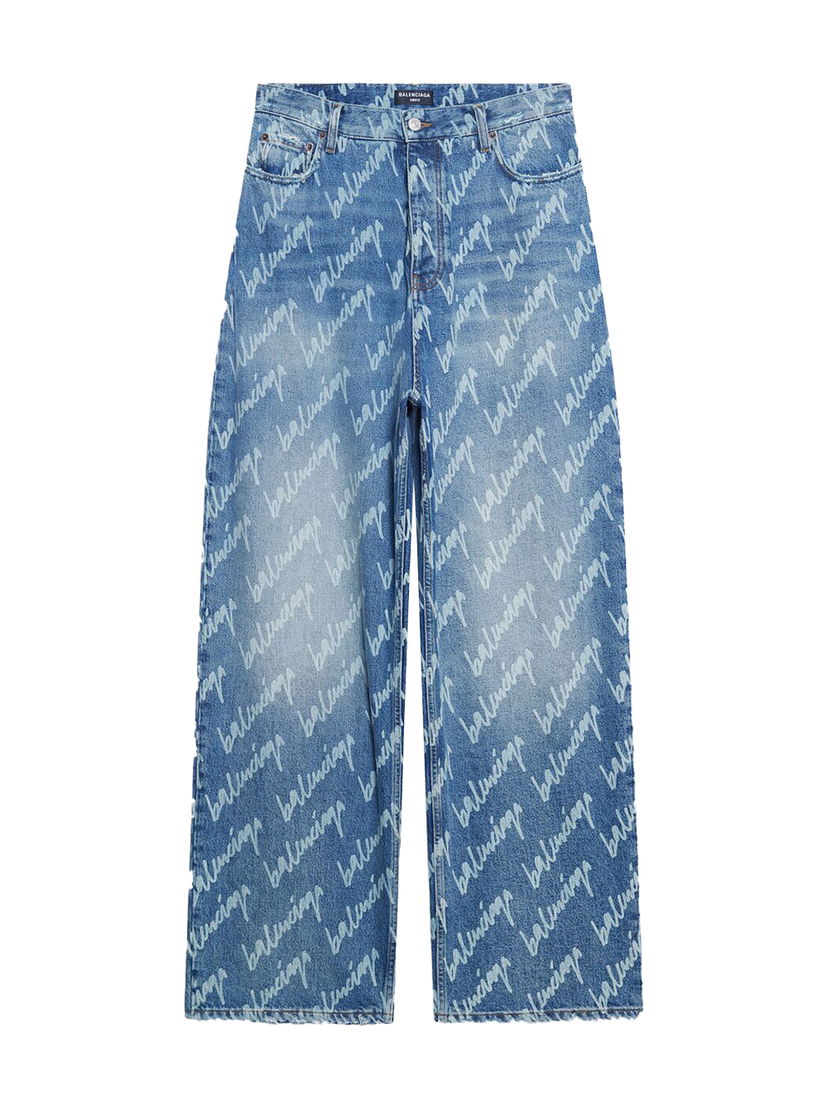 Nohavice Balenciaga All Over Logo Large Fit Denim Trousers Modrá | 675230TJW904200