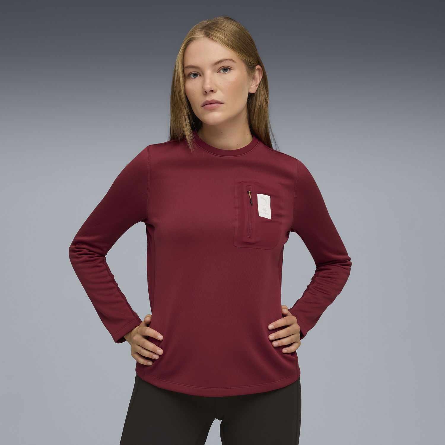 Tričko Puma Textured Long-Sleeved Crew Neck Top with Zipper Chest Pocket, PUMA x SAYSKY Vínová | 660240_90, 0