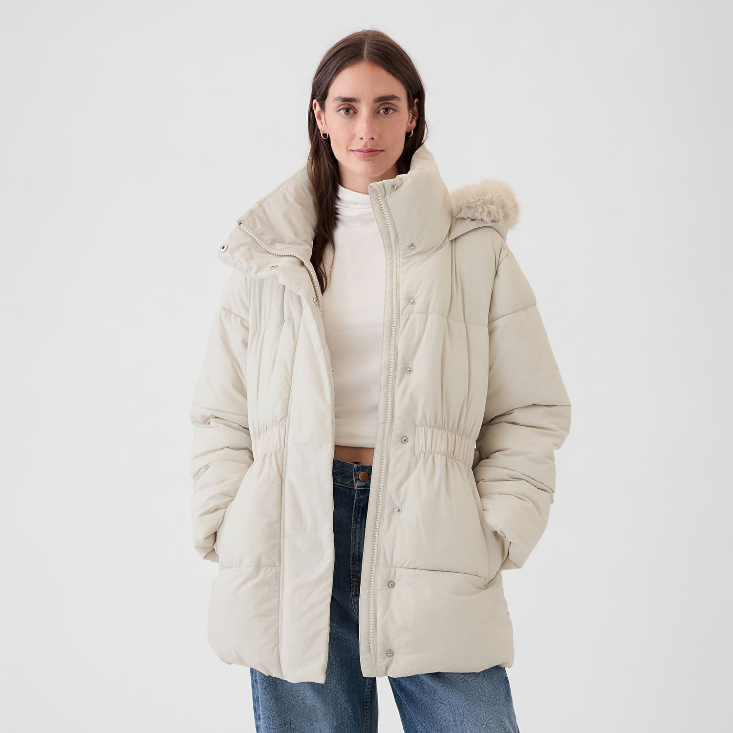 Bunda GAP Jacket Puffer Midi Coat Regular Grey XS Béžová | 520185-00, 0
